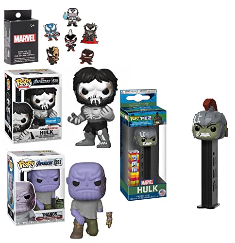 Strong and Crazy Avengers Venom Funko Pop! Bundle Marvel MCU: Gamerverse Hulk Exclusive 635 + Endgame Thanos Convention Exclusive 592 + Pop! Pez Hulk + Exclusive Venomized Pop! Pin Box (4 Items)