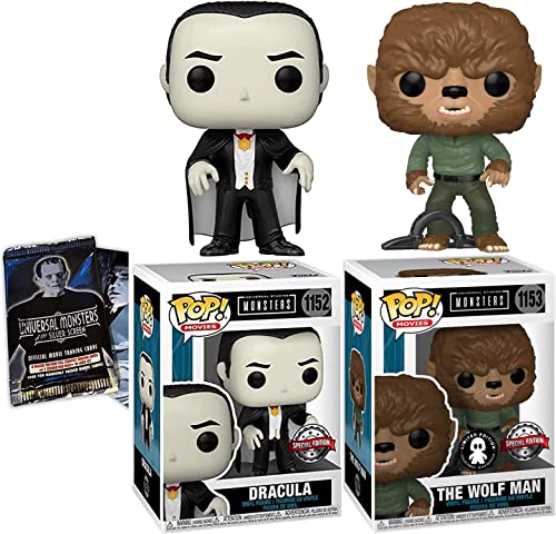 Wolfen Fright Monster Pack Classic Dracula Universal Pop! Figure Exclusive Bundled with Wolfman Character Horror Night + Movie Silver Screen Creature Cards 3 Items