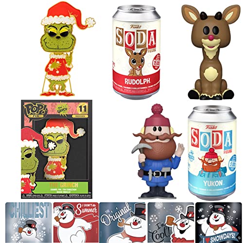 Mean Green One & Rudolph Figure Fun Soda Bundled with Yukon + Red-Nosed Reindeer + Frosty Snowman Stickers & Seuss Grinch Christmas Character Big Fig 4 Items