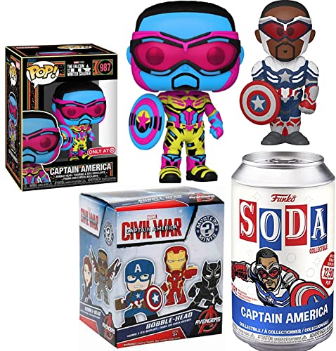 Winter Patriot Captain America Figure Series Blacklight Pop! Exclusive Bundled with Can Soda Tin Marvel Super Hero + Mini Civil War Blind Box 3-Items