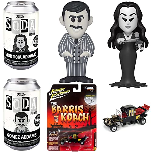 Kooky TV Figure Creepy Pack Classic Addams Family Vinyl Soda Characters + Morticia & Gomez Weird Fun + The Munster's Koach Car Spooky Retro 60's Icons 3 Items