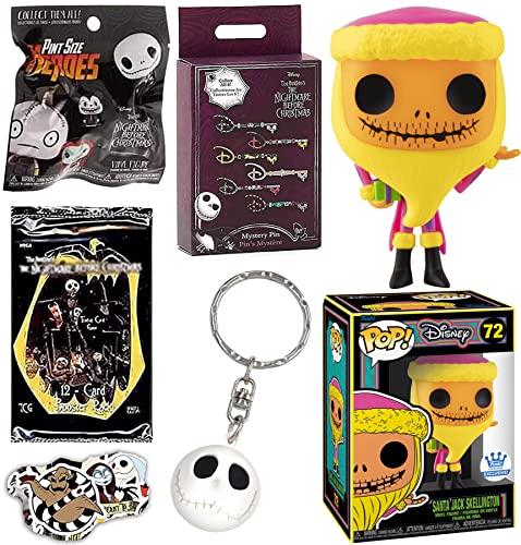 Scary Disney Holidays: Disney Nightmare Before Christmas Bundle: Jack Skellington Halloweentown Blacklight Santa Exclusive Pop! + Skull Icon Hanger + Key Pin! Blind Box + Mini Pint + Card Pack 5-items