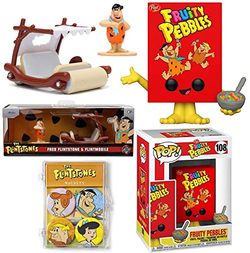 Barney Fred Pop! Ad Icons Cartoon Morning The Flintstones Figure Bundled with Fred Flintstone Fruity Pebbles Box + Hanna-Barbera Mag Characters Sweet Bedrock + Retro Flintmobile Car 3 Items