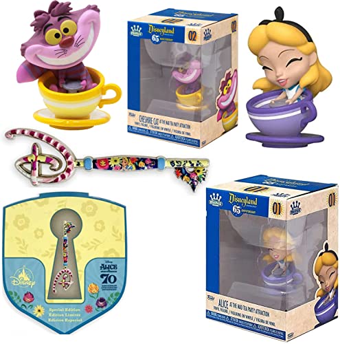 Spin Tea Cups Cheshire Cat & Figure Disneyland Resort Attractions Mini Mad Party Theme Park Bundled with Celebrate Alice in Wonderland Ride + Key Pin Anniversary 3 Items