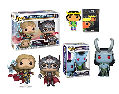 Thor + Friends Marvel Thor Love and Thunder/ Loki / What If?... Funko Pop! Bundle: Thor + Mighty Thor 2 Pack Exclusive/ Frost Giant Loki 972/ Kid Loki Pop! Pin SE Exclusive (3 Items)