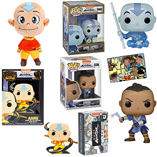 Spirit Air Bending Bundle: Funko Pop! Animation Avatar Last Airbender Aang (Spirit) Earth Day Exclusive Glow Figure + Sokka + 8" Soft / Chibi Character Puzzle Piece Box Enamel + Display Pin! 5 Items