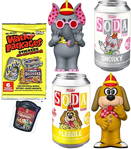 One Two Banana Splits Soda Figure Can Fleegle Tra-La Bundled with Snorky Elephant + Wacky Package Trading Cards Spoof Retro Fun 3-Items