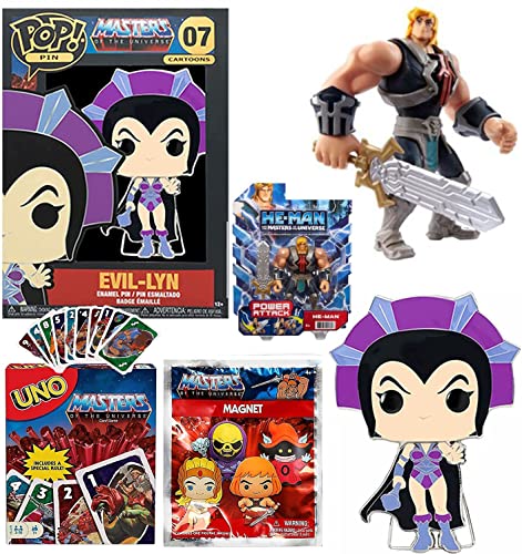 Supervillainess Evil-Lyn Metallic Figure Pop! Display Masters of The Universe Bundled with He-Man Power Action + Motu Blind Bag + Compatible with Uno Matching Game 4 Items