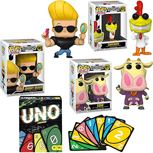 Original 90's Toons Cartoon Networks Throw Back Funny Weirdo's Funko Pop! Animation Bundle: Chicken 1072 + Cow 1071 + Johnny Bravo + Retro Uno Card Game 4 Items