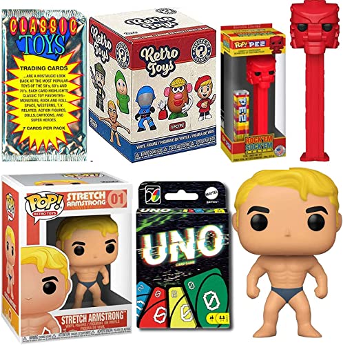 Stretchy Man & Rocker Retro Toys Pop! Figures Bundled with Stretch Armstrong + Red Robot Rock em ' Sock Character + Compatible with Uno Games HW Collectibles + Mini Blind Box & Trading Cards 5 Items