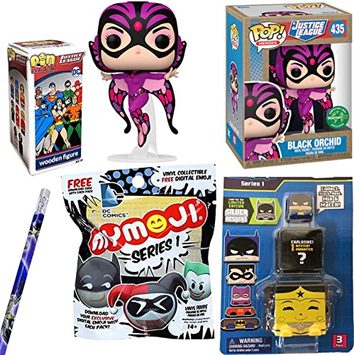 Earth Orchard POP! Day DC Comics Black Exclusive Bundled with Heroes Figures Cube Mates Character Figures Batman & Wonder Woman + Mymoji Mini Blind Bag & Wooden 4 Items