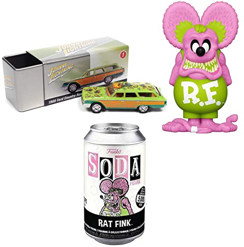 Fink Soda Rat Hot Rod Figure Can Character Bundled with Pink Rat Fink Edition + Green Ford Wagon Die-Cast Car 2 Items