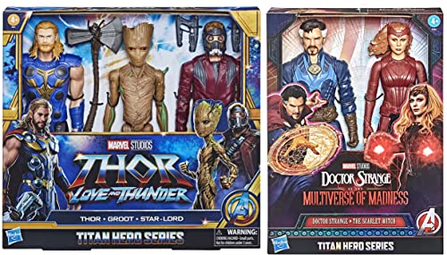 The Newest Freshest Marvel Universe Movie Characters Titan Hero Series Bundle: Thor Love and Thunder 3PK (Thor/ Star-Lord/ Groot) + Doctor Strange 2PK (Doctor Strange/ The Scarlet Witch) 5 Figures!