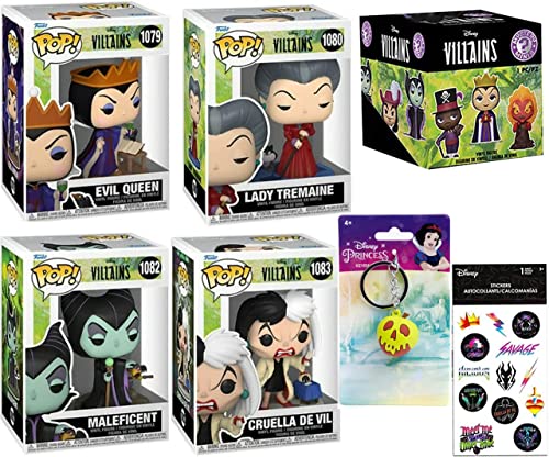 Cruel Vicious Disney Villains Funko Bundle: Pop! Figures Evil Queen, Cruella de Vil, Cinderella, Sleeping Beauty Maleficent + Wicked Stickers + Evil Witch Apple icon + Minis Blind Box 7 Item