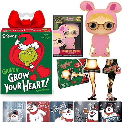 Bunny X-Mas Ralphie Pop! Figure Display Bundled with Christmas Story Leg Lamp + Grinch Card Game + Theme Frosty Snowman Stickers 4-Items
