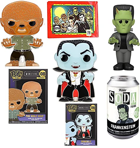 Ghouls Pack Frankenstein Monsters Classic Universal Horror Figure Soda Bundled with Characters Dracula + Wolfman Silver Screen Movie Pop! Enamel Big Pin! + Creepy Cards 4-Items