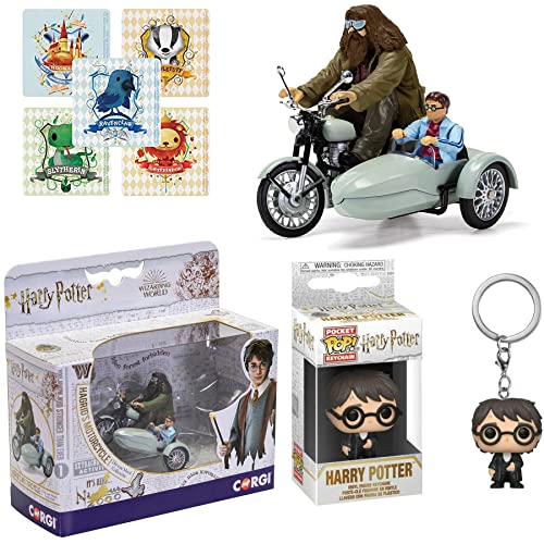 Wand Magic Harry Potter Figure Wielder Wizard Pop! Mini Hanger Bundled with Hagrid's Enchanted Motorcycle and Sidecar + House Stickers 3 Items