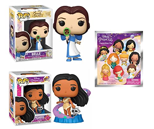 The Best Disney Princess Starter Pack Funko Bundle: Pocahontas 1017 + Beauty and The Beast Belle 1132 + Disney Princess Figural Bag Clip Series 31 (3 Figures)