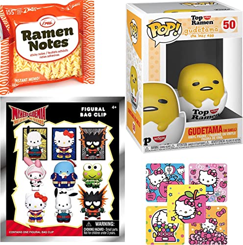 Lazy Pop! Sanrio Nissin Gudetama EggCharacter in Shell Figure Bundled with Ramen Notes + Hello Kitty My Hero Blind Bag + Mini Stickers 3 Items