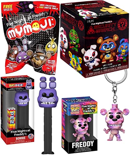 Creepy Bear Figure FNAF Five Nights at Freddy's Blind Box Minis Security Breach Bundled with Freddy Tie dye Hanger & Mymoji + Bonnie Rabbit Head Pop! Pez! Pack 4 Items