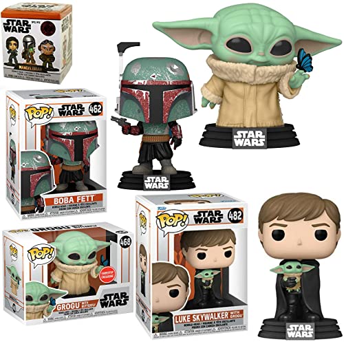 Bounty Hunters Hunting- Star Wars Mandalorian Funko Pop! Pack: Bobba Fett Figure + SW Minis Blind Box + Exclusive Grogru Baby Yoda with Butterfly + Luke Skywalker Vinyl 4 Items