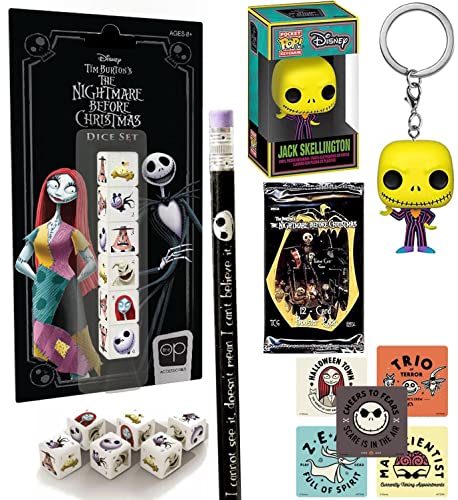 Frightening Jack Skellington Figure Nightmare Before Christmas Bundled with Halloween Town Pocket Pop! Hanger Blacklight Character + Pumpkin King Dice + Stickers / Pencil / Cards 5 Items Fright Fun