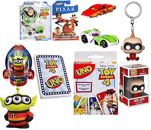 T4 Alien Mini Toy Story Remix Figure Bundled with Racer + Pixar Disney Uno Card Game Theme + Buzz Lightyear Space Race Character & Pocket Pop! Jack Jak & Incredibles Car 5 Items